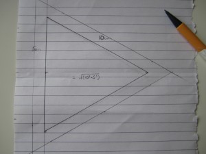 Equilateral triangle of 10 cm each side.  With a border of 1 cm. 